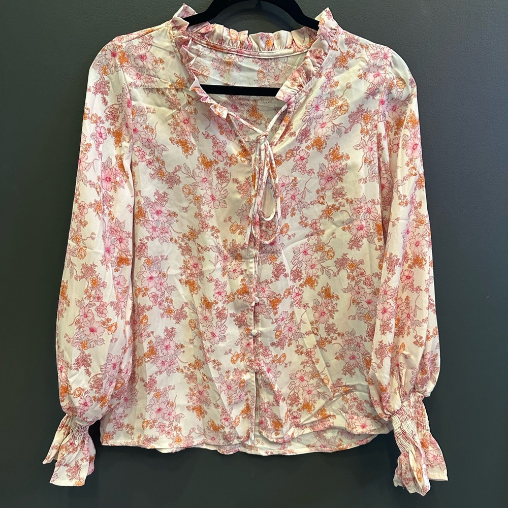 Pink and Cream Puff Sleeve Ruffled Blouse | Small | NWOT